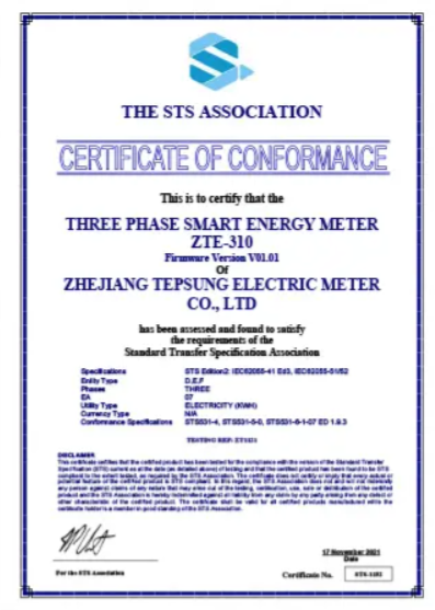 3-Phase Smart Electric Meter Certificate